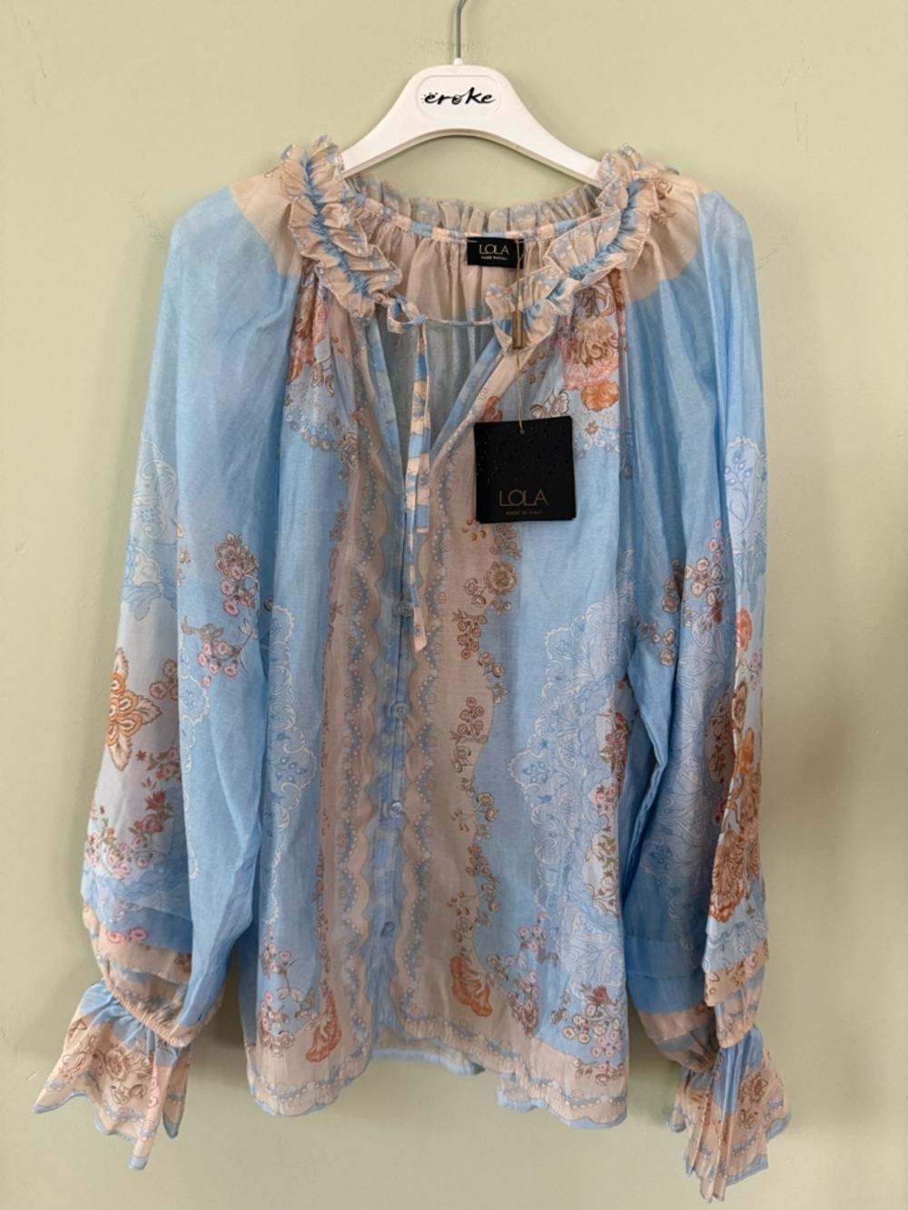 LOLA Blue and Beige Floral Ruffle-Neck Peasant Blouse